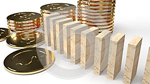 Wood domino and gold coin 3d rendering abstract image for business content