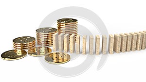 Wood domino and gold coin 3d rendering abstract image for business content
