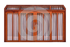 Wood door with Curtain isolated on white background. Clipping path