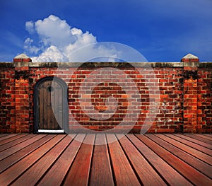 Wood door and old brick wall