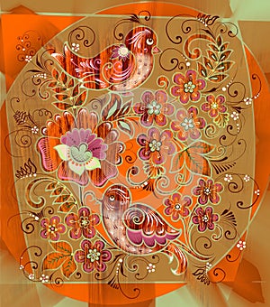 wood drawing, ornament of birds and flowers