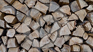 Wood is dried before being made into charcoal.Lumber. Fire logs. Firewood natural background. Woodpile in sawmill