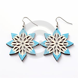 Wood Earrings With Blue Flower Pattern - Symmetrical Design, Multilayered Dimensions