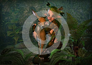 Wood Elf and Fawn, 3d CG