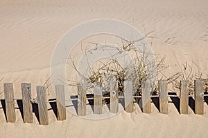 Wood fence buried in sand.