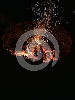 wood fire with embers and sparks
