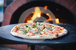 wood-fired pizza in a brick oven, flames visible