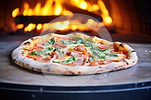 wood-fired pizza in a brick oven, flames visible