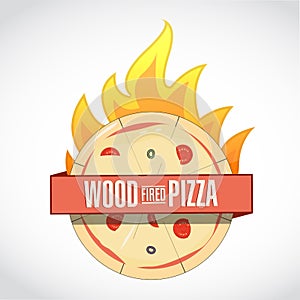 Wood fired pizza icon sign. Ribbon sign, graphic design. photo