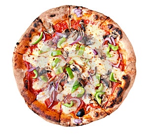 Wood fired pizza with pepperoni, mushrooms, green peppers and red onions isolated on white photo