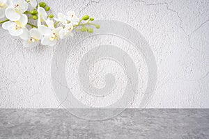 The Wood floor and old cement wall with white orchid decorate, empty room for background