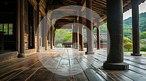 Wood floor and pillars of roof titled house at the Birthplace. AI Generative