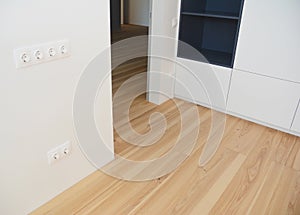 Wood flooring with modern wooden wall as interior room design, wall sockets, outlets photo