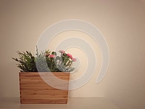 Wood flowerpot on white wall background