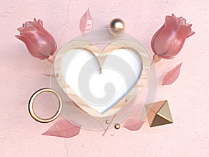 Levitation objects wood frame heart shape 3d rendering pink rose valentine love concept