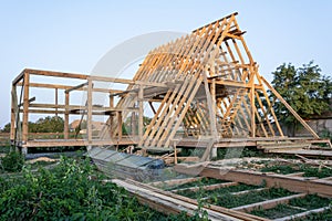 The wooden structure of the building. Wooden Frame House Construction.