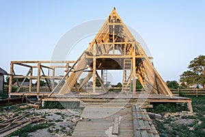 The wooden structure of the building. Wooden Frame House Construction.