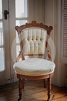 Wood Frame, Tufted Upholstery Vintage Chair