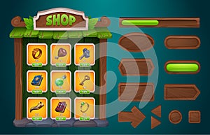 Wood game shop ui interface with button frame