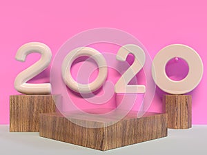 Wood geometric shape 2020 type/text number pink wall scene 3d rendering