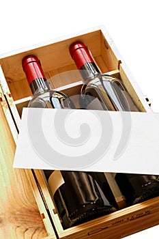 Wood gift box with two wine bottles