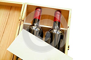 Wood gift box with two wine bottles