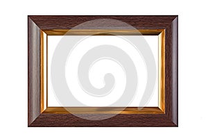 Wood and gold frame with copyspace. Rectangle decorative border on white background and blank space