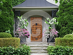 wood grain front door surrounded by flowers and bushes