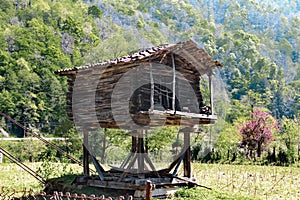 A wood granary for storing crops in a village in Georgia