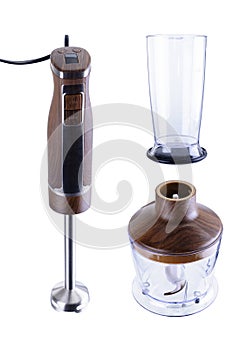 Wood hand blender with accessory isolated on the white background