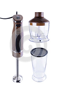Wood hand blender with accessory isolated on the white background