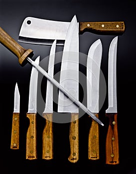 Wood handle chef knives and cutlery