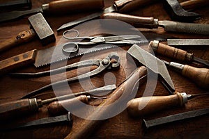 Wood handled vintage hand tools in full frame view