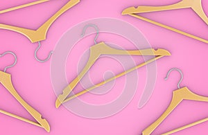 Wood Hangers on the pink backdrop, top view. 3D rendering