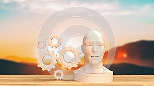 The wood head bust and gear group for business or technology concept 3d rendering