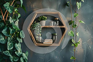 Wood hexagon shape wall shelf and plant decorations on the dark background Ai photo