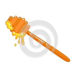 Wood Honey Spoon in Cartoon Style with Dripping Honey Isolated On White Background. Pouring Sugar Syrup Template. Vector Premium