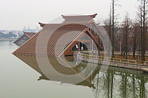 Wood house built on water