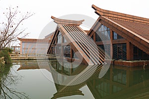 Wood house built on water