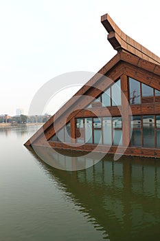 Wood house built on water