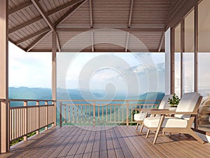 Wood house terrace with mountain 3d render photo