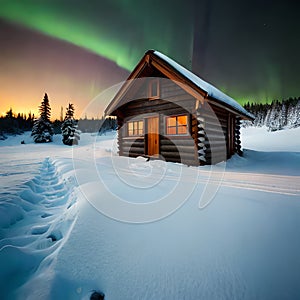 Wood hut in the snow with northern lights aurora in the sky