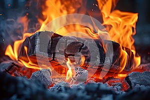 Wood ignites, creating a glowing bonfire in a nature furnace