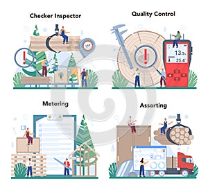 Wood industry concept set. Checker inspector as a forestry production line.