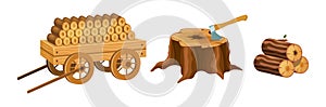 Wood industry material tools and products, sawn logs, wooden cart with firewood, tree stump with axe. Logs, boards for the forest