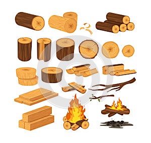 Wood industry products, tree trunks, bark, branches, planks, chest, shavings, firewood boards, fire burning wooden logs, wood
