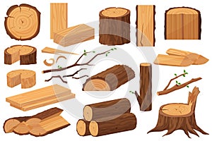 Wood industry raw materials. Realistic production samples collection. Tree trunk, logs, trunks, woodwork planks, stumps