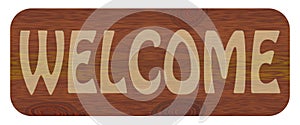 Wood inlay with lettering welcome, light letters on dark wooden background, original signboard for hotels, pension in