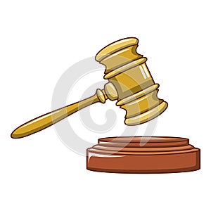 Wood judge gavel icon, cartoon style