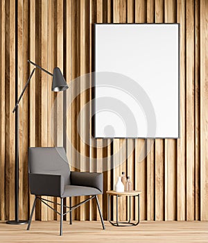 Wood living room interior, armchair and poster